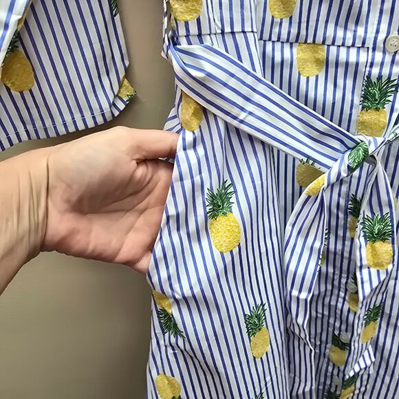 Chloe + Rene Striped Button Up Pineapple Print Dress Blue & White Size Medium - Picture 4 of 8